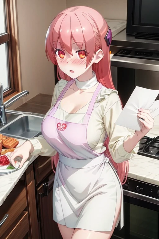 1 girl, Solo, ichika nakano, (white apron), big breasts, cleavage, thighs, brown background, (blush:1.2)