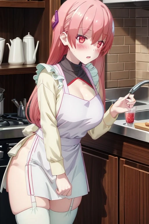 Ranma saotome, cabello rojo corto, pechos muy grandes, hermosos pechos, cuerpo completo, usando solo un delantal de cocina, sin ropa interior, senos grandes, caderas anchas, usando delantal de cocina blanco, cocinando, delantal blanco, semidesnuda, delantal de cocina, cocina sexy, delantal obseno, ricos pechos, vulgar