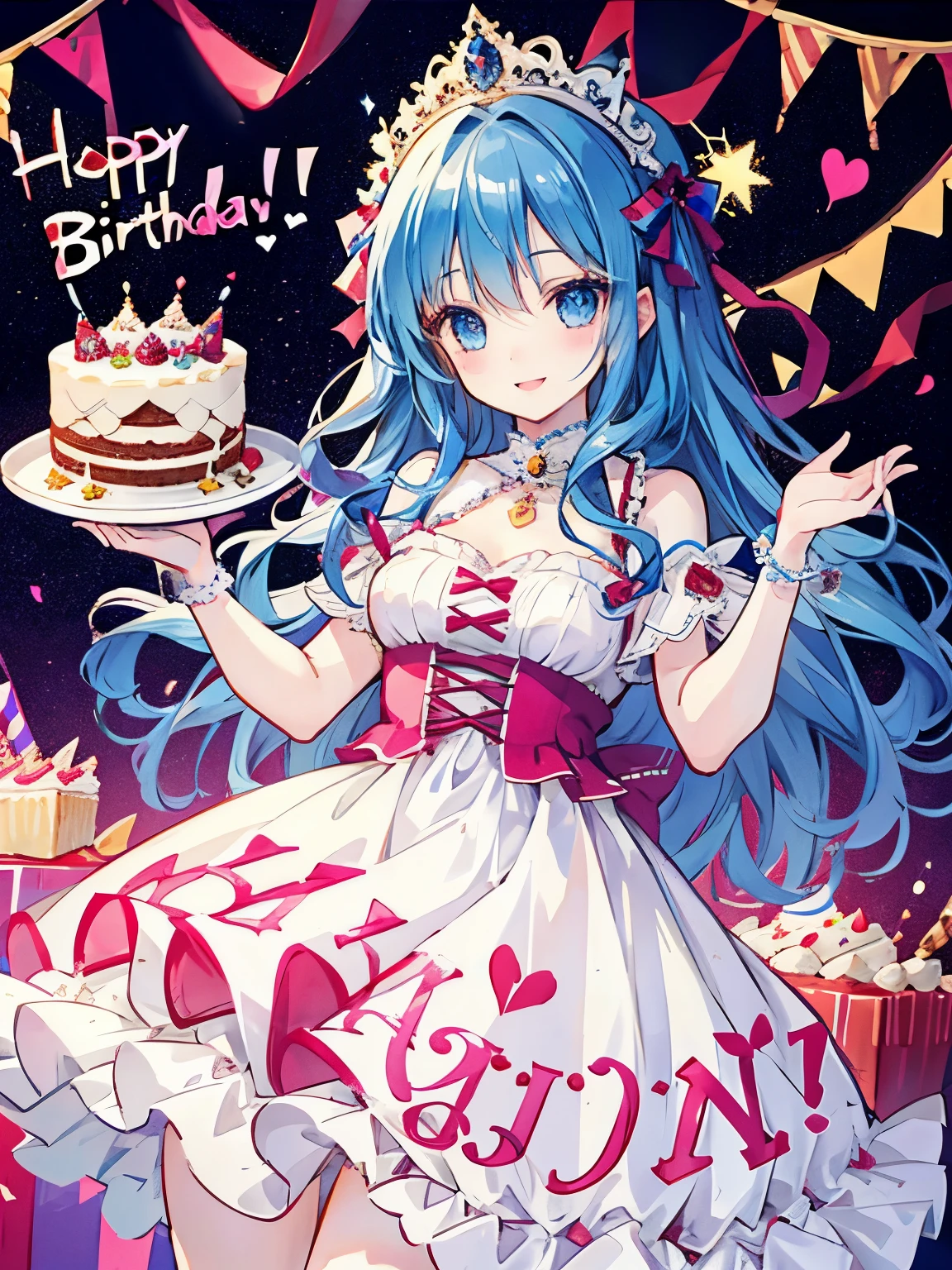 girl,birthday cake,festive atmosphere,smile,Fluffy and voluminous hair like a princess,Beautiful blue eyeain character&#39;s aura