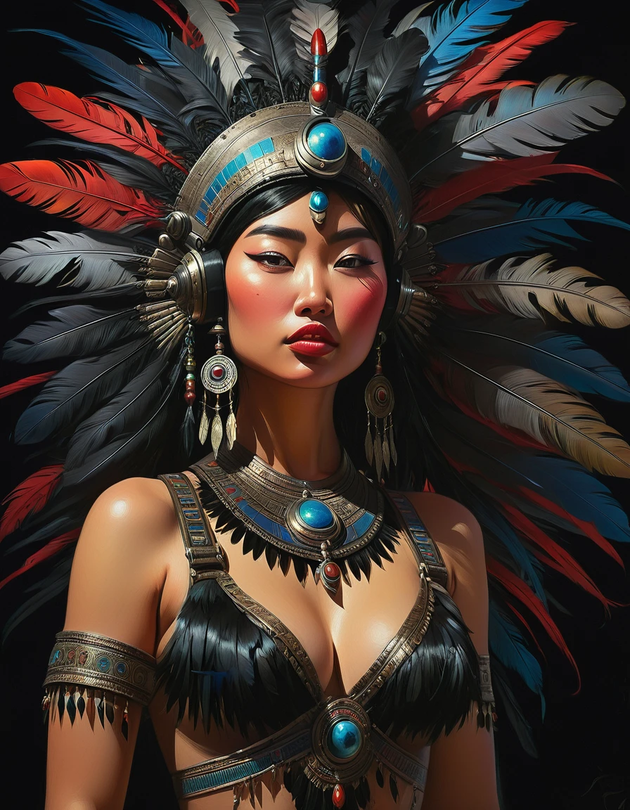 full body view from behind, oil painting style, spaceship interior, beautiful busty nude Mongolian woman, black feather headdress, detailed face, detailed eyes, detailed lips, extremely detailed, intricate details, cinematic lighting, dramatic shadows, vivid colors, photorealistic, 8k, high quality, masterpiece, digital art