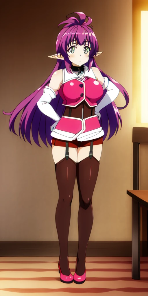 high resolution, masterpiece, high quality, perfect face, perfect eyes, Princess Sherry purple hair, long elf ears, tiara, blue leotard, miniskirt, high heels, feet together, white elbow gloves, huge breasts, cheerful, bedroom background (indoors) sunset thru window