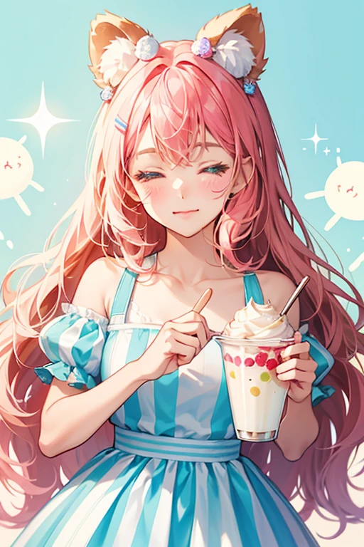 A girl bear num with a squinting wink eye residing on her light blue diagonal striped cup body, which has a white border. White frozen yogurt resides on top, along with light chocolate sprinkles, raspberry syrup, and tan bear ears. SPARKLE; GLITTER