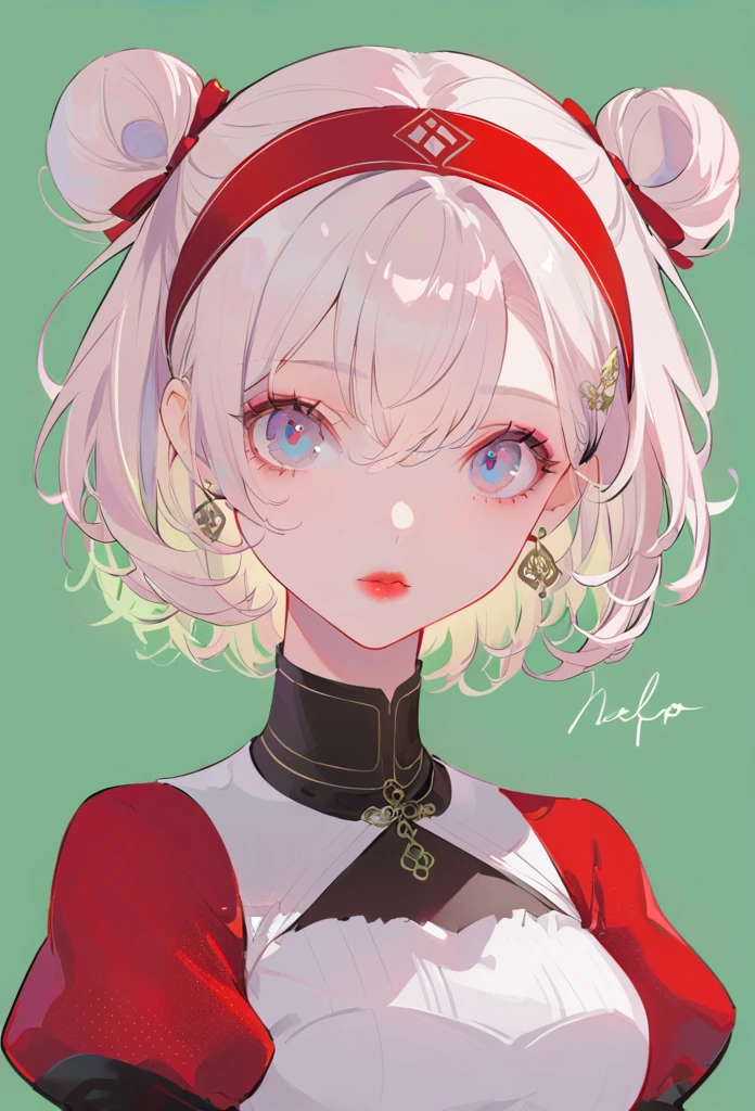 Yohanno. 2 Type B, 1 Girl, WLOP, (cover eyes), breast, cleveage, cleveage cutout, Garment cutting, Green Background, Hair between the eyes, Headband, high resolution, Juliet Sleeves, Long sleeve, Neil (series), Neil automata, Puff sleeves, Red lips, Shadowed side, short hair, Solitary, turtleneck sweater, Upper Body, White hair, Sky