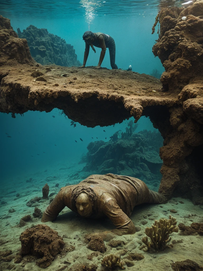 Sunken deep underwater retro old fashioned rusty Statue of Einstein in praying pose made in 1960s is on the bottom of the ocean. Water leaking out of the cracks and open holes..., hyperrealistic, 1960s, closed up, underwater. Underwater life, rust on it