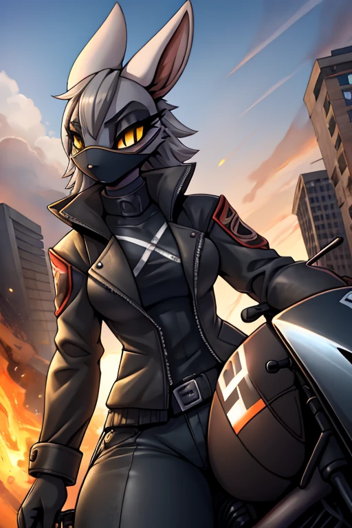 anthro furry rabbit ((Anarchist)) (rides a motorcycle), absurdity, a high resolution, ultra detailed, 1 girl,oversized jacket with ,whole body, original character,girl,gray hair,yellow eyes,shoulder-length hair, complex black mask, {Best quality}}, {{masterpiece}}, {{ultra detailed}}, {illustration}, {detailed light}, Nuclear fusion