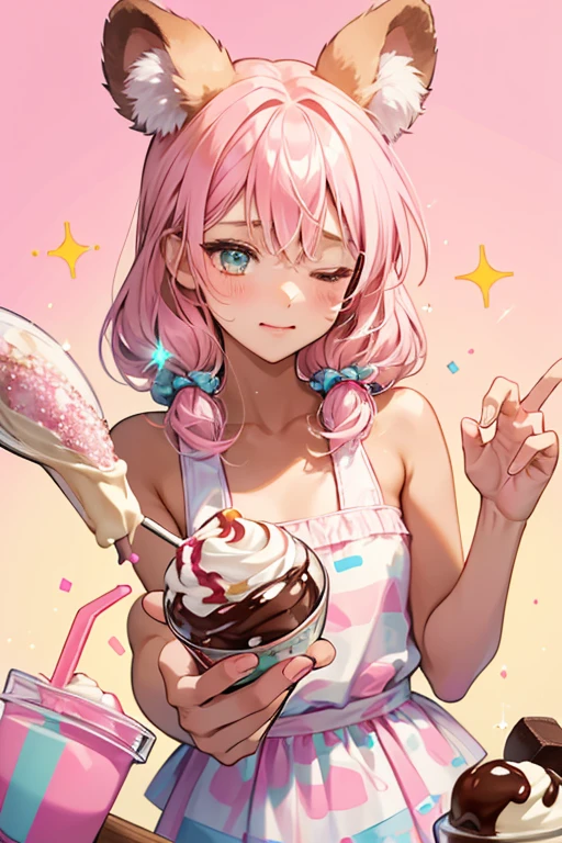 A girl bear Num with a squinting wink eye residing on her pink diagonal striped cup body, which has a white border. White frozen yogurt resides on top, along with tan sprinkles, chocolate sauce, and tan bear ears. SPARKLE; GLITTER