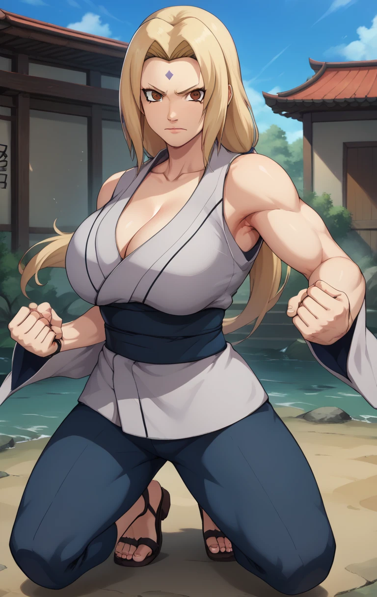 score_9, score_8_up, score_7_up, score_9, source_アニメ, BREAK   TsunadeSDXL, 1girl, 独奏, long hair, breasts, looking at viewer, bangs, blonde hair, large breasts,wilderness、cleavage, bare shoulders, brown eyes, closed mouth, collarbone, thighs, japanese clothes, sleeveless, pants, armpits, kimono, huge breasts, parted bangs, sash, bare arms, muscular, facial mark, obi, sandals, clenched hand,mature female, fighting stance, forehead mark, muscular female, blue pants, midriff peek, incoming attack, tsunade (naruto)