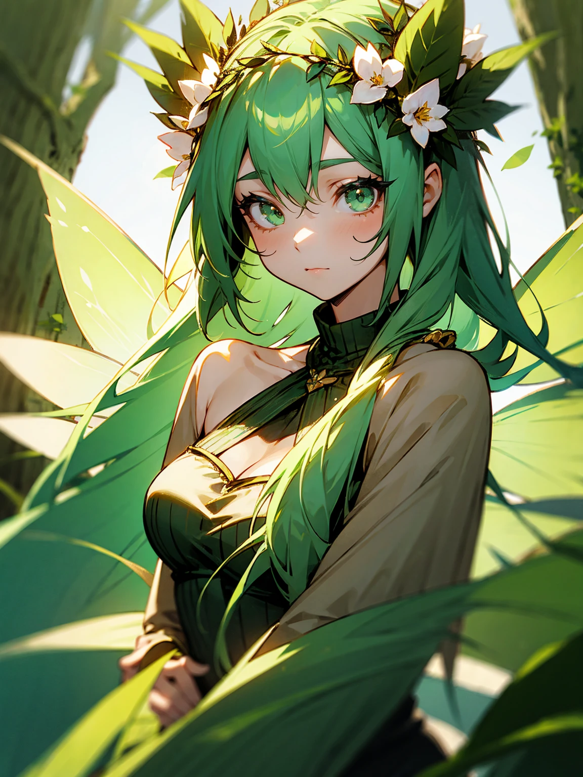 best quality, expressive eyes, perfect face, male, young man, femboy, flat chest, fantasy, lingerie, lewd, facing the viewer, fairy, fantasy background, fairy lingerie, green eyes, green hair, short hair, green lingerie, exposed nipples, fantasy forest background