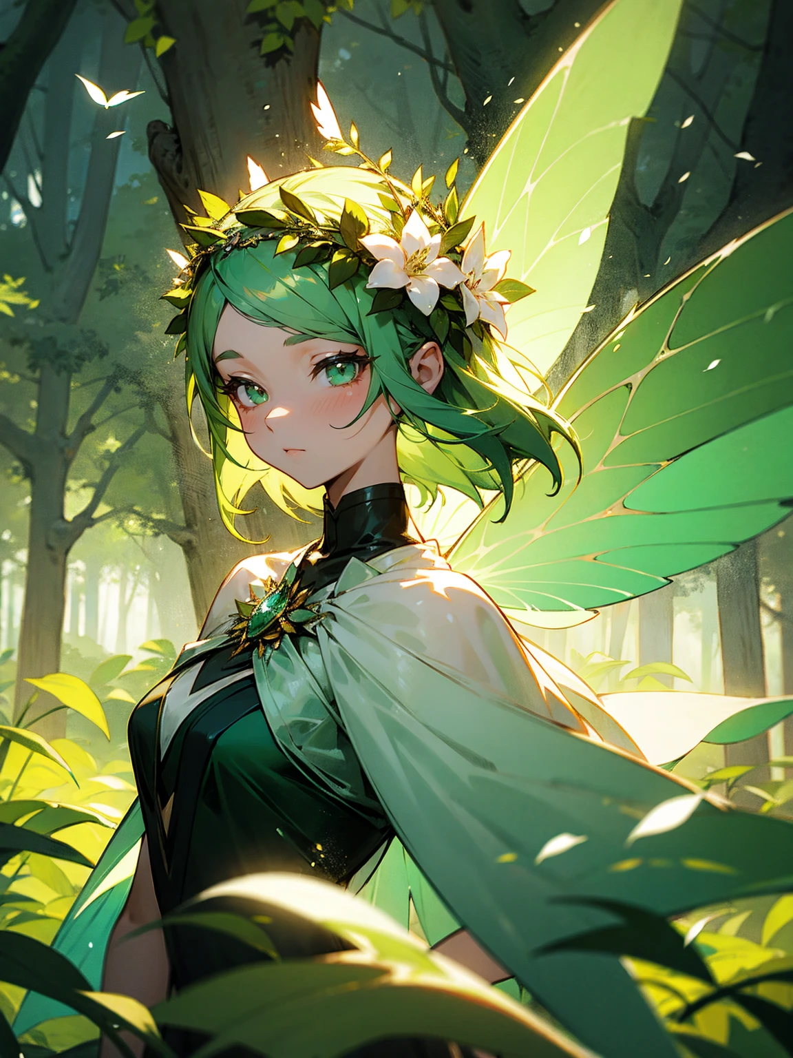 Female, green hair, fairy wings, flower crown, forest background, gentle expression