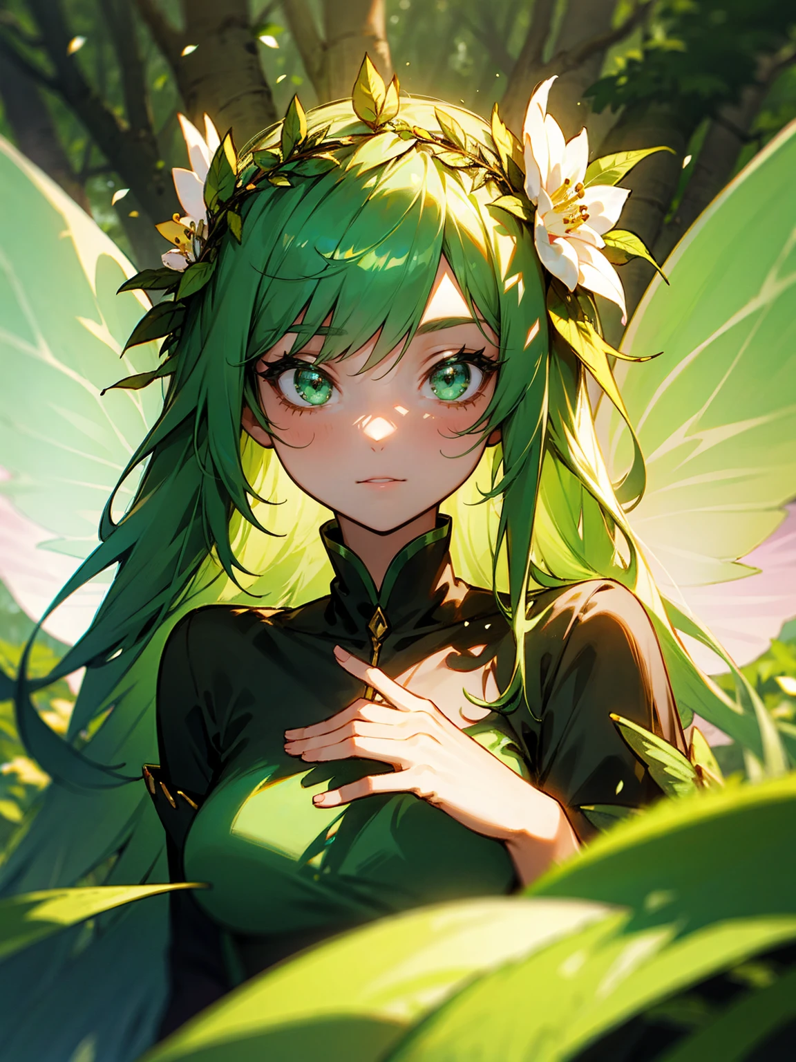 Female, green hair, fairy wings, flower crown, forest background, gentle expression