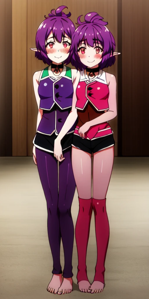 Body position: Standing, straight, symmetrical, barefoot, Lustful smile on face with red blush, 2 girls who gets married and stands in front of many people, kissing, purple skin drow elves