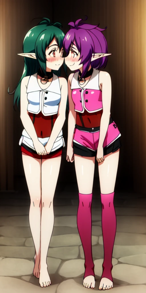 Body position: Standing, straight, symmetrical, barefoot, Lustful smile on face with red blush, 2 girls who gets married and stands in front of many people, kissing, purple skin drow elves