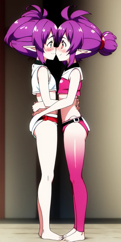 Body position: Standing, straight, symmetrical, barefoot, Lustful smile on face with red blush, 2 girls who gets married and stands in front of many people, kissing, purple skin drow elves