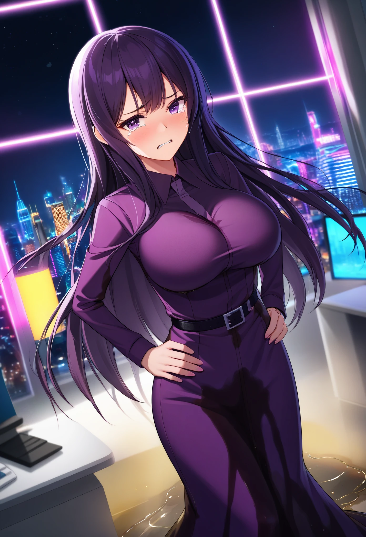 woman, very dark purple hair, purple eyes, long hair, large breasts, very long dress, very tight dress, standing straight, (wetting herself:1.5), best quality, ultra-detailed, HDR, studio lighting, professional, vivid colors, sharp focus, bokeh, landscape, office, night, window, cityscape, colorful city, neon lights, futuristic, science fiction, soft lighting, dynamic shadows, (embarrassed:1.5), (humiliation:1.5), b(lushing:1.5), (angry:1.25), (tears:1.5), facing viewer, (hands on hips:1.5)