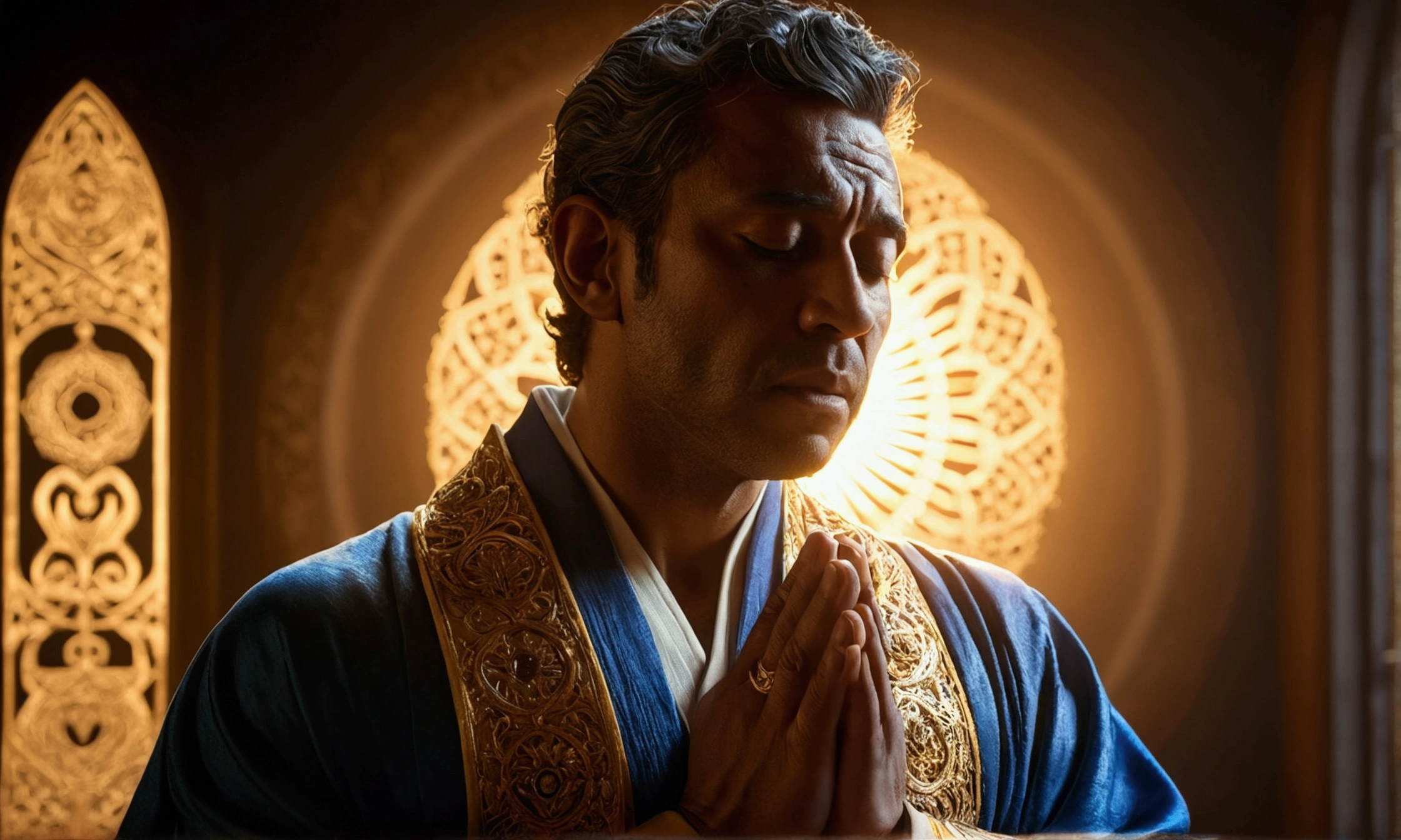 a man praying,a bright light like a sun rising in his chest,ultra realistic,cinematic,ultra detailed 8k,dramatic lighting,volumetric light rays,chiaroscuro lighting,dramatic shadows,photorealistic,intricate details,highly detailed face and hands,glowing energy emanating from chest,serene expression,religious iconography,ornate robes,divine light,spiritual awakening
