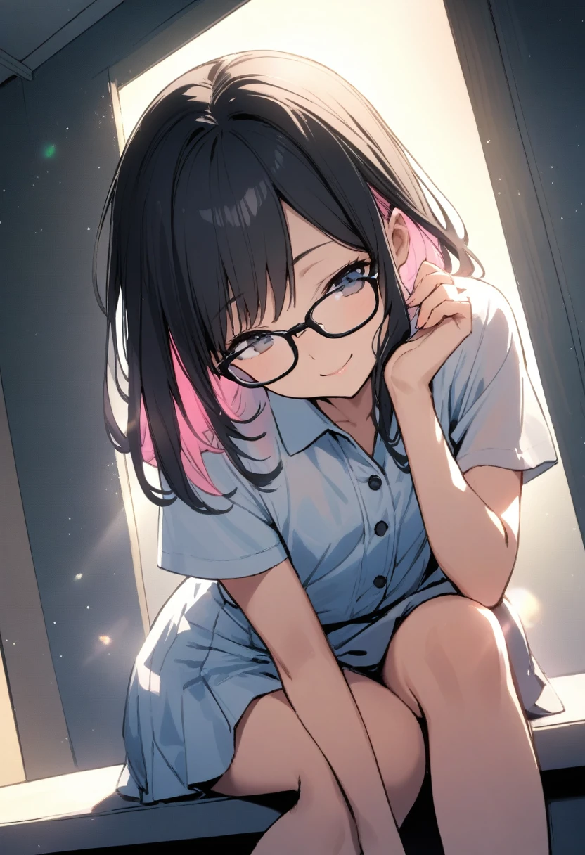 Very cute 15 year old girl, ((Summer uniform office lady style、blouse、Fashionable glasses))、(Black hair color、Light pink inner color hairstyle、Hair expressed with a delicate touch), Beautiful Hair, Facial Contour, Remember, office, splash, Lens flare、moonlight、illumination、Natural Color, High resolution, Very delicate, Very detailed, 8k、Shyness,((Sexual)),((A naughty feeling)),smile、Chest to face angle、View angle from knee height、Facing forward
