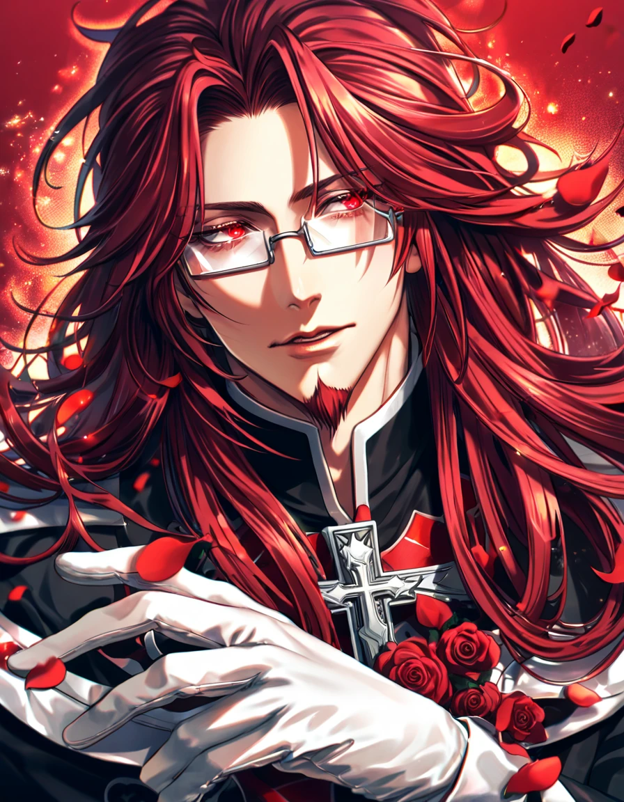 absurdres, highres, ultra detailed, HDR, master piece, best quality, extremely detailed, Marian Cross, red hair, long hair, messy hair, expressive red eyes, D.Gray-man, rectangle glasses, red goatee, solo, sexy man, handsome, sensual, black clothes, white gloves, magical, fantasy, red background, red roses, shining, red petals, red glittering fireflies
