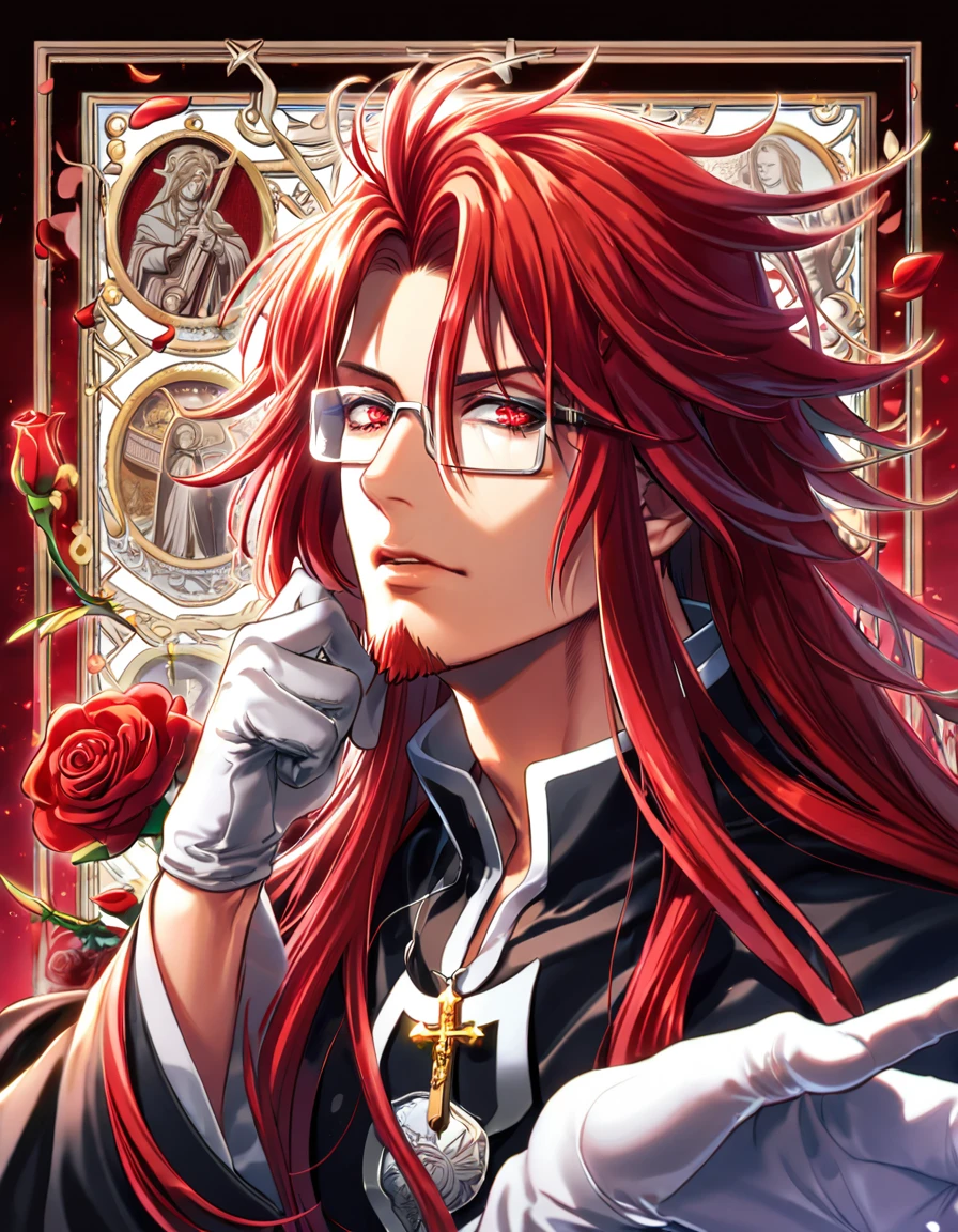 absurdres, highres, ultra detailed, HDR, master piece, best quality, extremely detailed, Marian Cross, red hair, long hair, messy hair, expressive red eyes, D.Gray-man, rectangle glasses, red goatee, solo, sexy man, handsome, sensual, black clothes, white gloves, magical, fantasy, red background, red roses, shining, red petals, red glittering fireflies