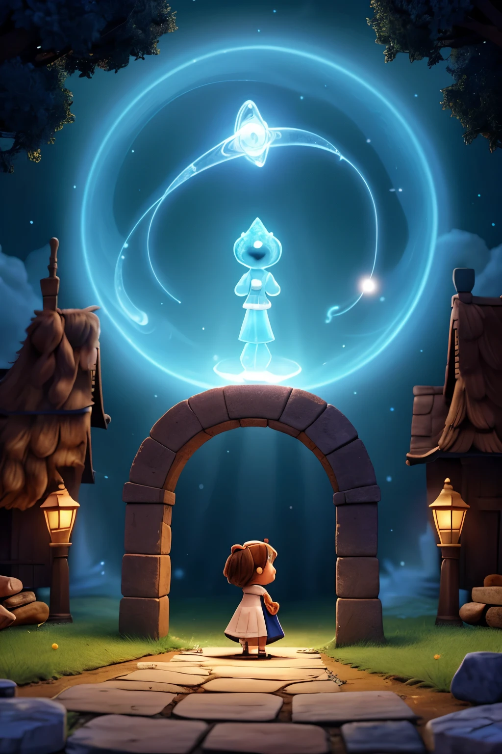 create a Sophia and a little dog Lili looking at the magic portal, with brilliant colors emanating from him
