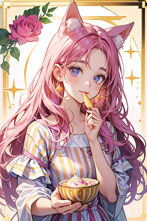 She has a basic face and rosy cheeks depicted on a gold, diagonal striped cup or bowl with white border. Her gelato comes in fuchsia and purple, and she has cat ears. SPARKLE; GLITTER