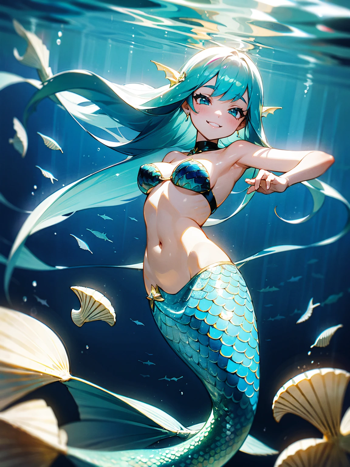 Female, blue hair, mermaid tail, seashell bikini, underwater scene, playful smile