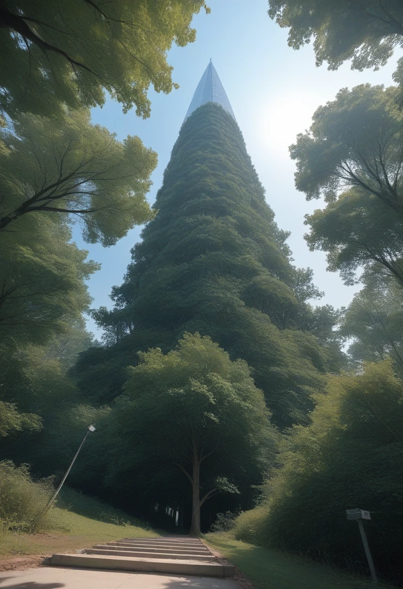 Trees in linear perspective, down to top, low angle view, go pro, architectonic drawing