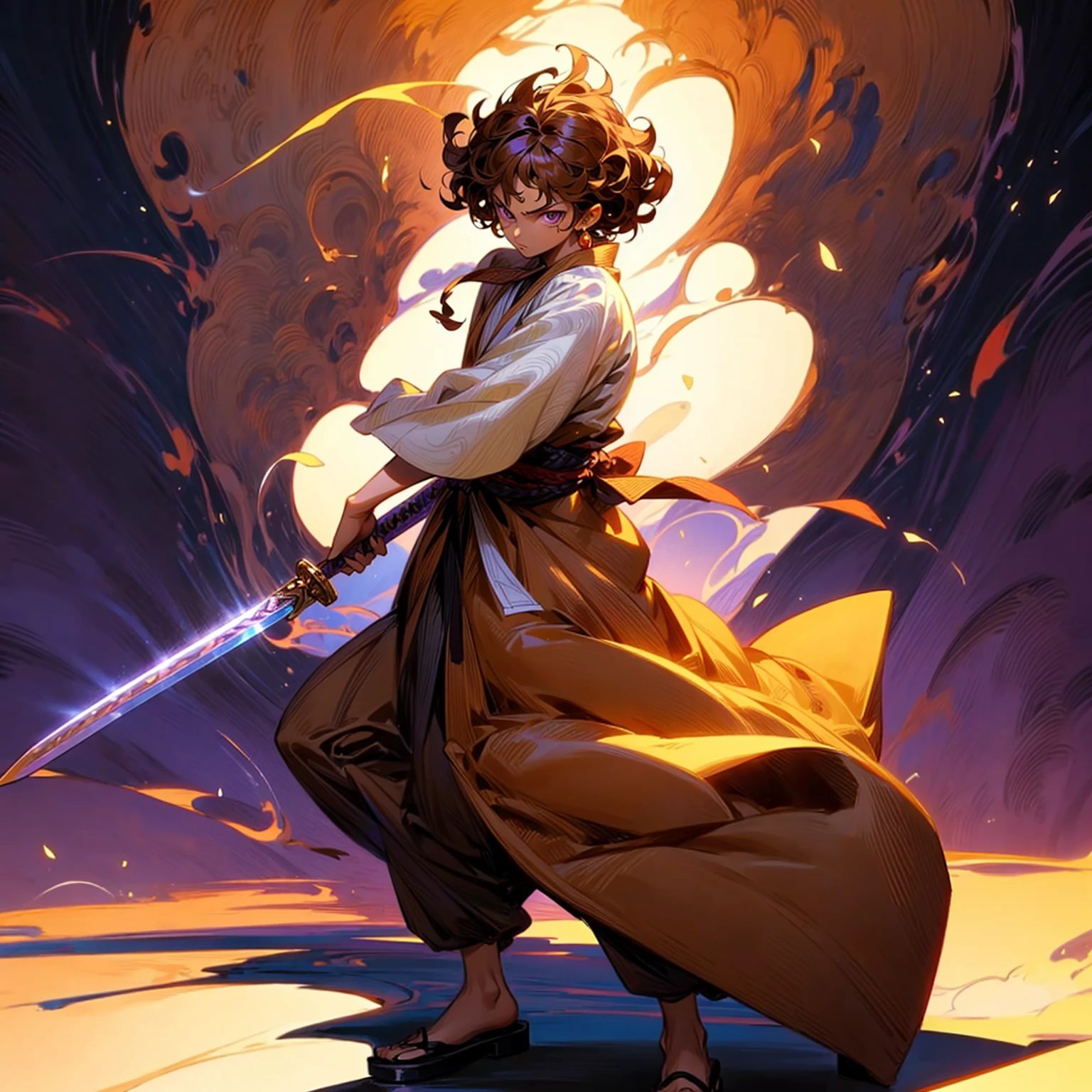 Solo character, full body version, young boy, tan skin, brown color hair, Curly hairstyle, purple eyes, Japanese tunic clothing, background is plain white, shadow, standing battle gesture, sword in hand, (one piece style art)
