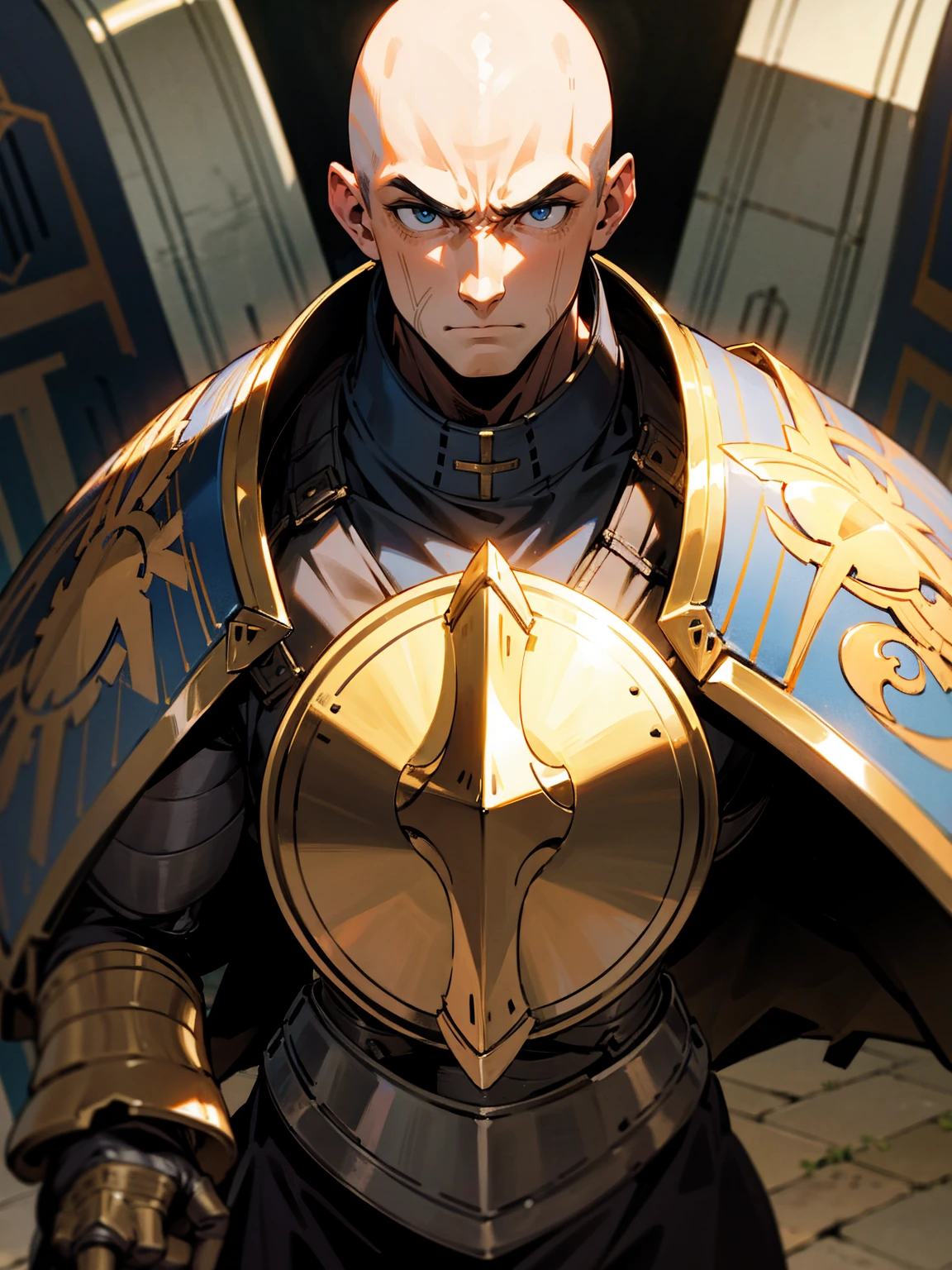 Male, bald, heavily armored, carrying a massive shield, stoic expression