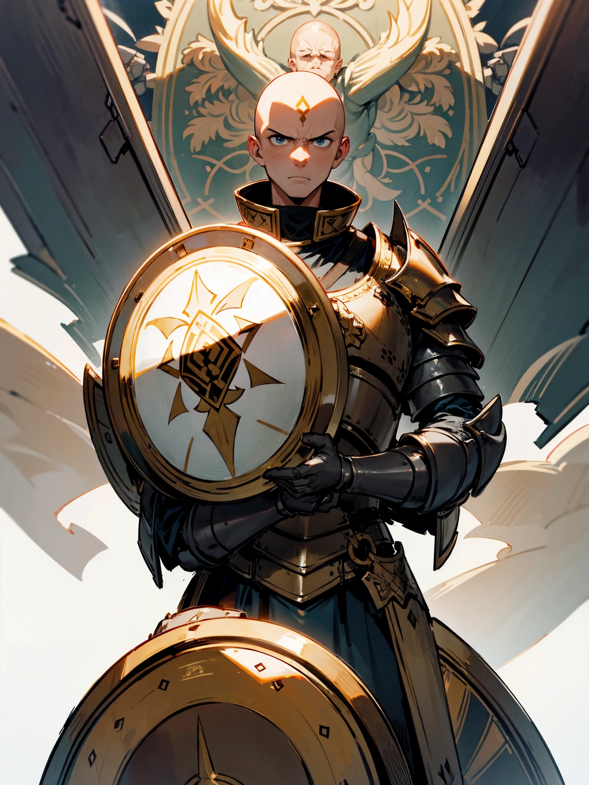 Male, bald, heavily armored, carrying a massive shield, stoic expression