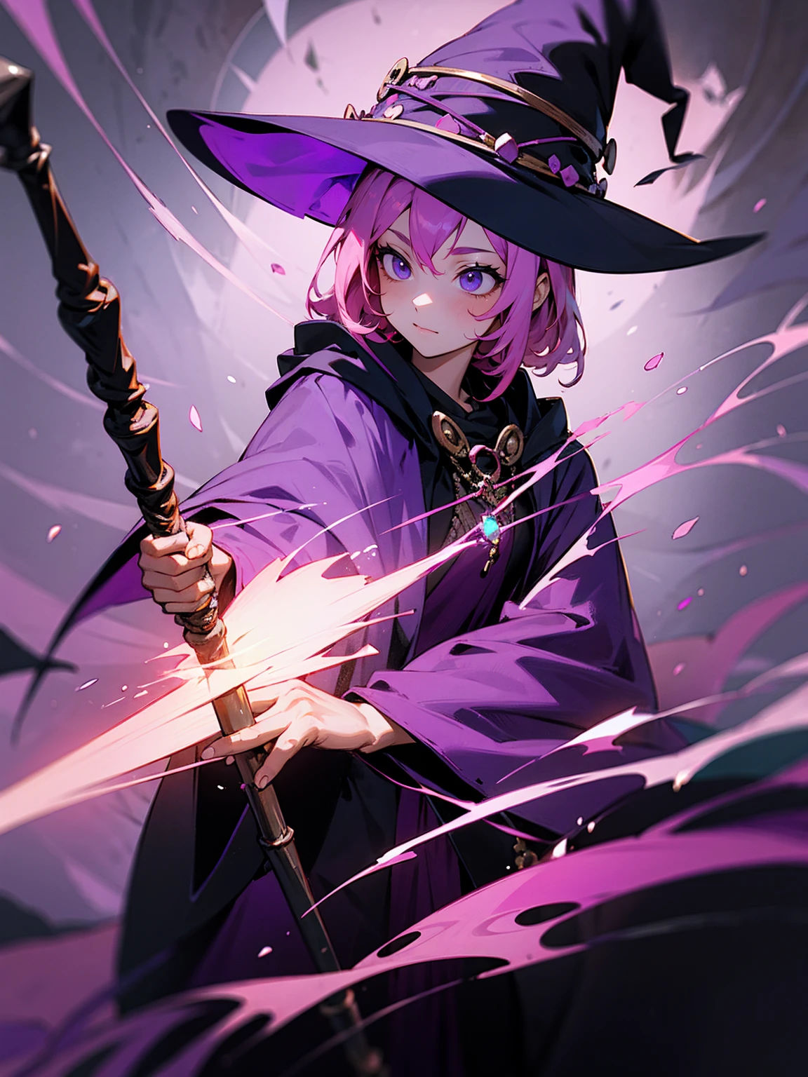 Female, pink hair, witch hat, black and purple robes, holding a staff, casting a spell