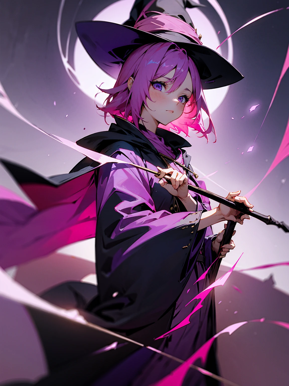 Female, pink hair, witch hat, black and purple robes, holding a staff, casting a spell
