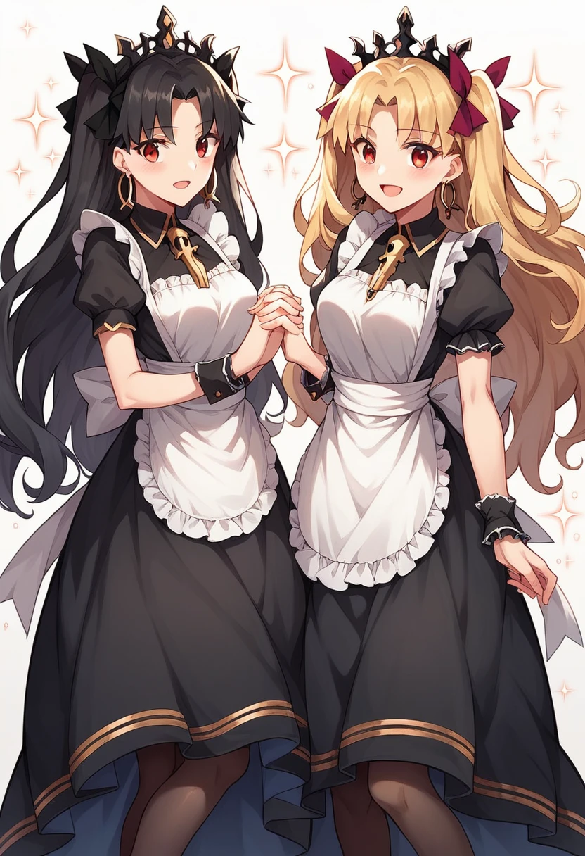 ereshkigal (fate), ishtar (fate), long hair, breasts, looking at viewer, blush, smile, open mouth, bangs, multiple girls, blonde hair, black hair, red eyes, dress, bow, ribbon, 2girls, jewelry, short sleeves, pantyhose, earrings, frills, alternate costume, puffy sleeves, apron, black dress, high heels, two side up, puffy short sleeves, parted bangs, wrist cuffs, maid, sparkle, holding hands, siblings, tiara, sisters, interlocked fingers, maid apron, hoop earrings, enmaided