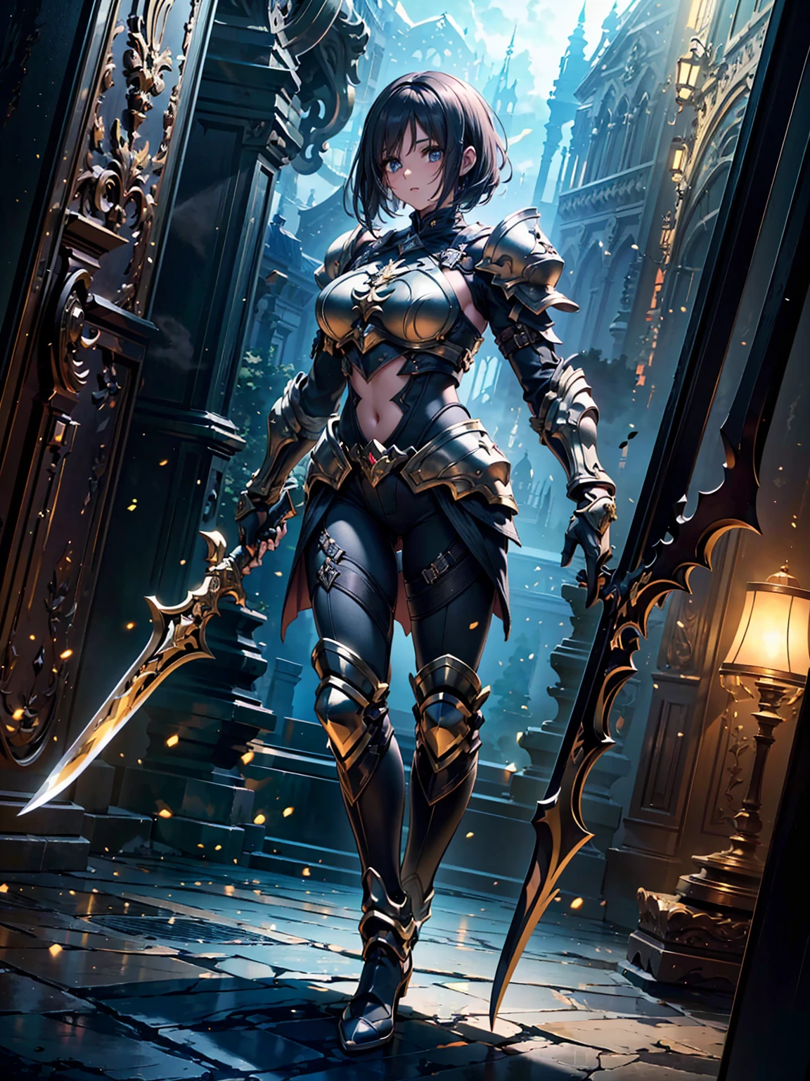 (((masterpiece, best quality, 8k)))((perfect anatomy))A dark and cursed skinny female game character, wearing ornate black and gold armor, wielding a cursed blade, with dark vambraces and cursed boots, in a gloomy, atmospheric lighting, full body shot, (best quality,4k,8k,highres,masterpiece:1.2),ultra-detailed,(realistic,photorealistic,photo-realistic:1.37),HDR,UHD,studio lighting,ultra-fine painting,sharp focus,physically-based rendering,extreme detail description,professional,vivid colors,bokeh,dark fantasy,concept art