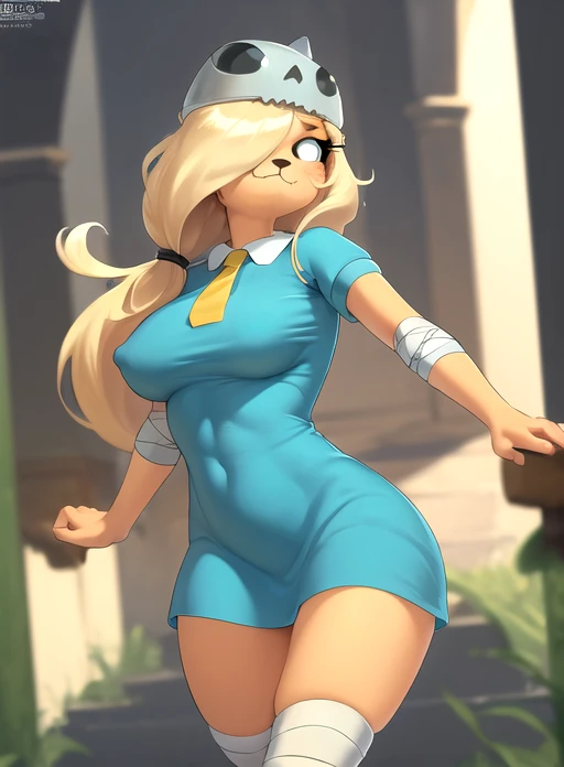 best quality, (masterpiece),(ultra-detailed), (high quality), (high resolution), bronwyn, 1girl, solo, long hair, dress, short sleeves, hair over one eye, blue dress, fangs,bandages, short dress, furry, clenched hands, bandaged arm, furry female, collared dress, aqua dress, yellow skin,blonde hair, helmet, closed mouth, squeezing her tits