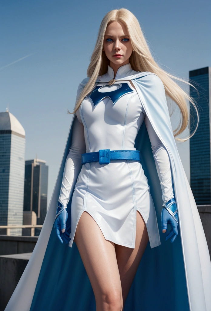 woman with long straight light blonde hair, blue eyes, white superhero costume, blue gloves, light blue cape and white semi short skirt, long sleeves, light blue belt, city background
