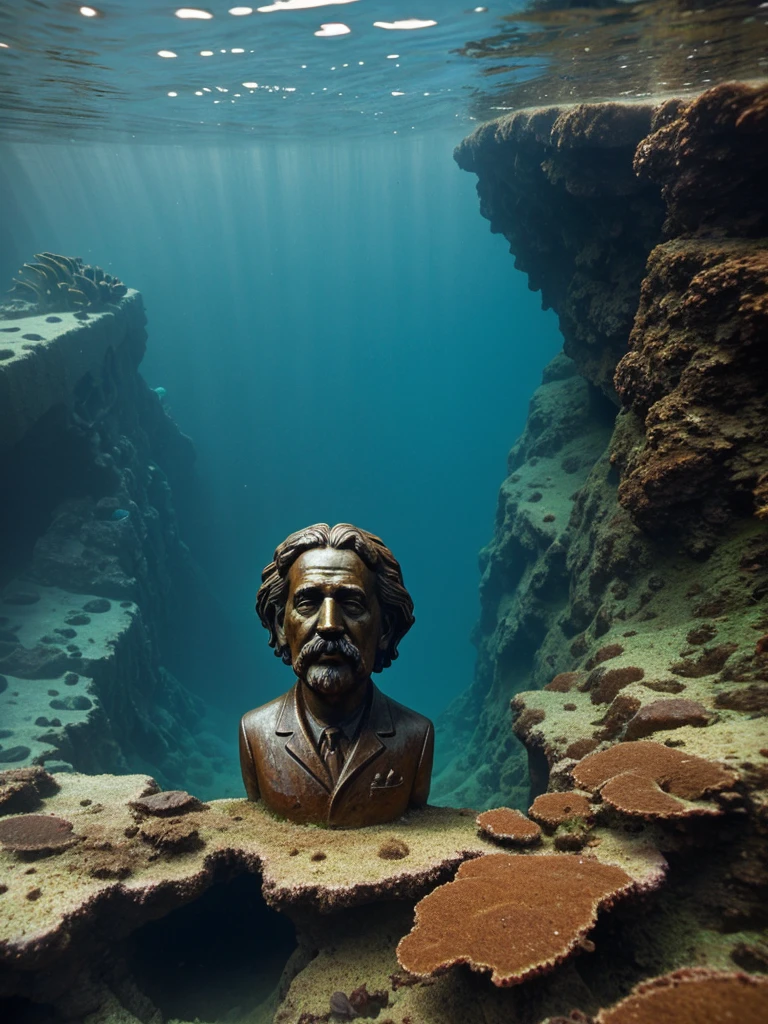 Sunken deep underwater retro old fashioned rusty Statue of Einstein in praying pose made in 1960s is on the bottom of the ocean. Water leaking out of the cracks and open holes..., hyperrealistic, 1960s, closed up, underwater. Underwater life, rust on it 