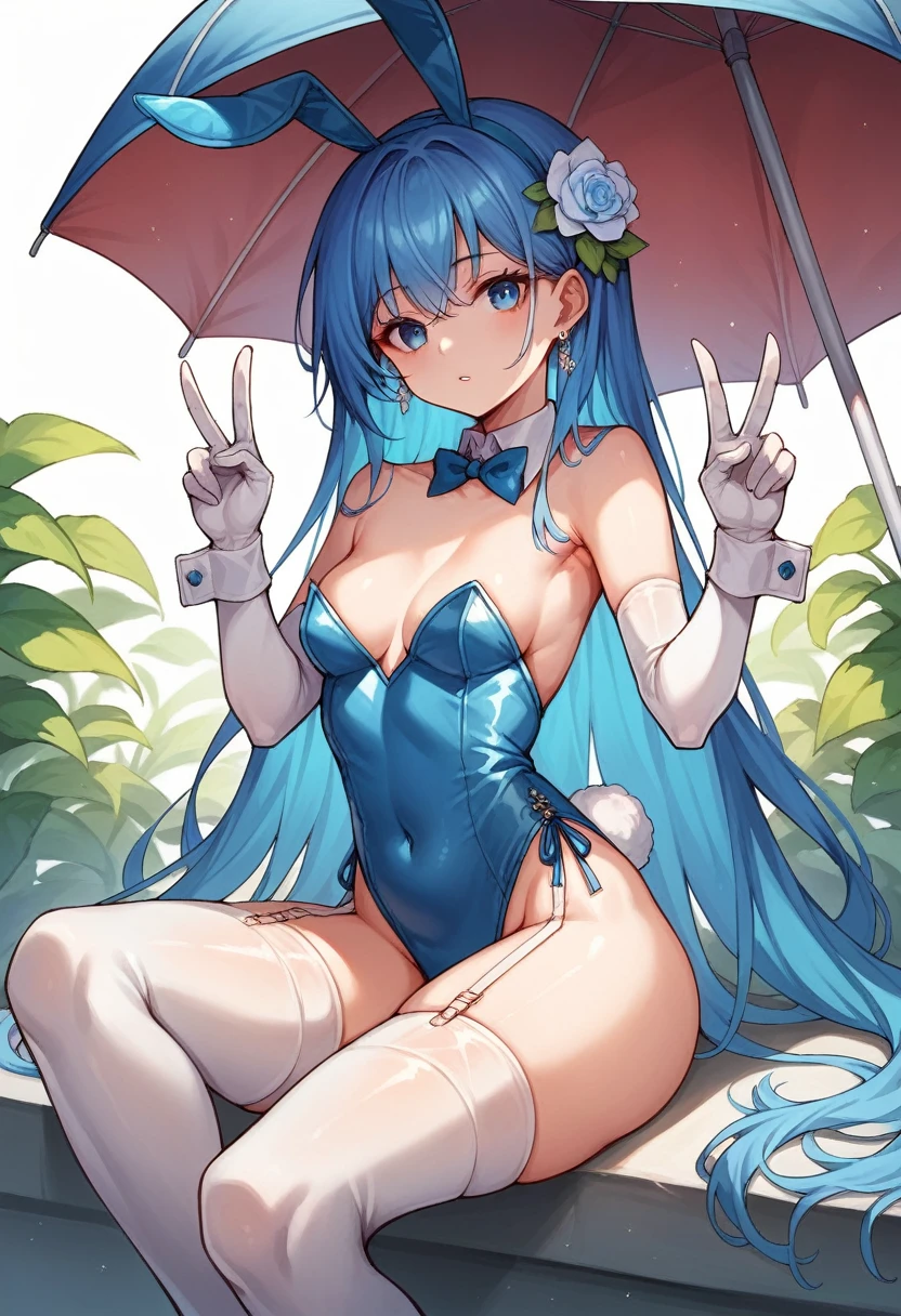 1girl, solo, long hair, breasts, looking at viewer, bangs, blue eyes, hair ornament, thighhighs, gloves, animal ears, bare shoulders, jewelry, sitting, blue hair, flower, thighs, earrings, small breasts, parted lips, elbow gloves, white gloves, hair flower, bowtie, armpits, rabbit ears, white thighhighs, leotard, v, strapless, covered navel, detached collar, fake animal ears, umbrella, garter straps, playboy bunny, strapless leotard, double v, blue leotard