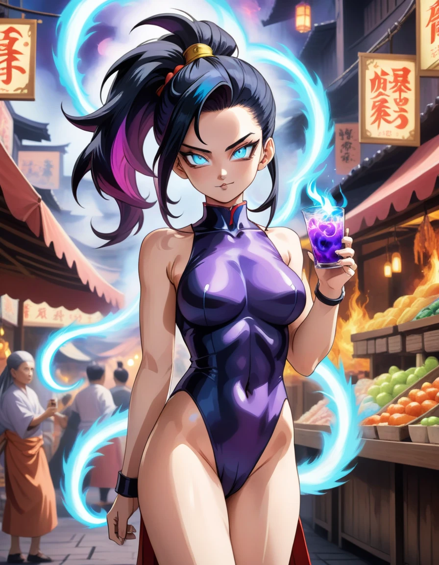 anime in 4D vivid colors high quality Akuma DBZ sex + alucard cat Portrait front view of a girl standing in a mystical marketplace with black neon fire hair in a flowing ponytail in a dynamic pose she is holding a glass of bubbling potion out to the view big blue eye in the background are busy vendors and magical light and smoke from the various market stalls Surréalisme watercolor painting style stylize 1000 line art watercolor wash by inacofairy rugge canvas