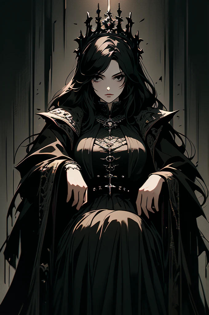 masterpiece,best quality,ultra-detailed,2girl,solo,crow,upper body,dark style,black hair,black clothes,standing,horror theme, sitting on a gothic throne in a dark castle