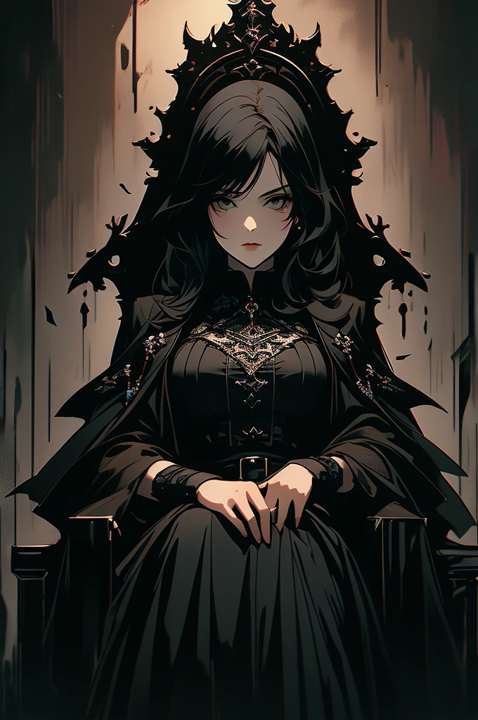 masterpiece,best quality,ultra-detailed,2girl,solo,crow,upper body,dark style,black hair,black clothes,standing,horror theme, sitting on a gothic throne in a dark castle
