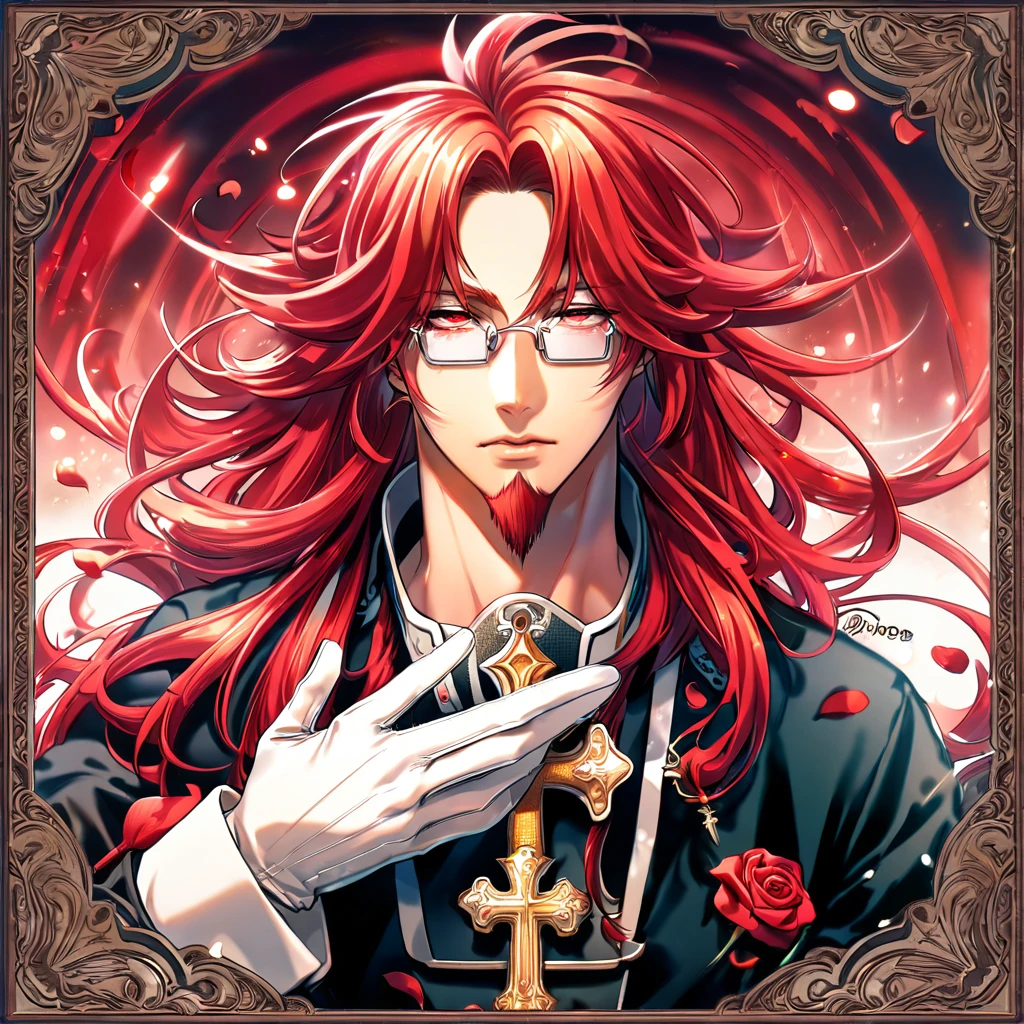 absurdres, highres, ultra detailed, HDR, master piece, best quality, extremely detailed, Marian Cross, red hair, long hair, messy hair, expressive red eyes, D.Gray-man, rectangle glasses, red goatee, solo, sexy man, handsome, sensual, black clothes, white gloves, magical, fantasy, red background, red roses, shining, red petals, red glittering fireflies