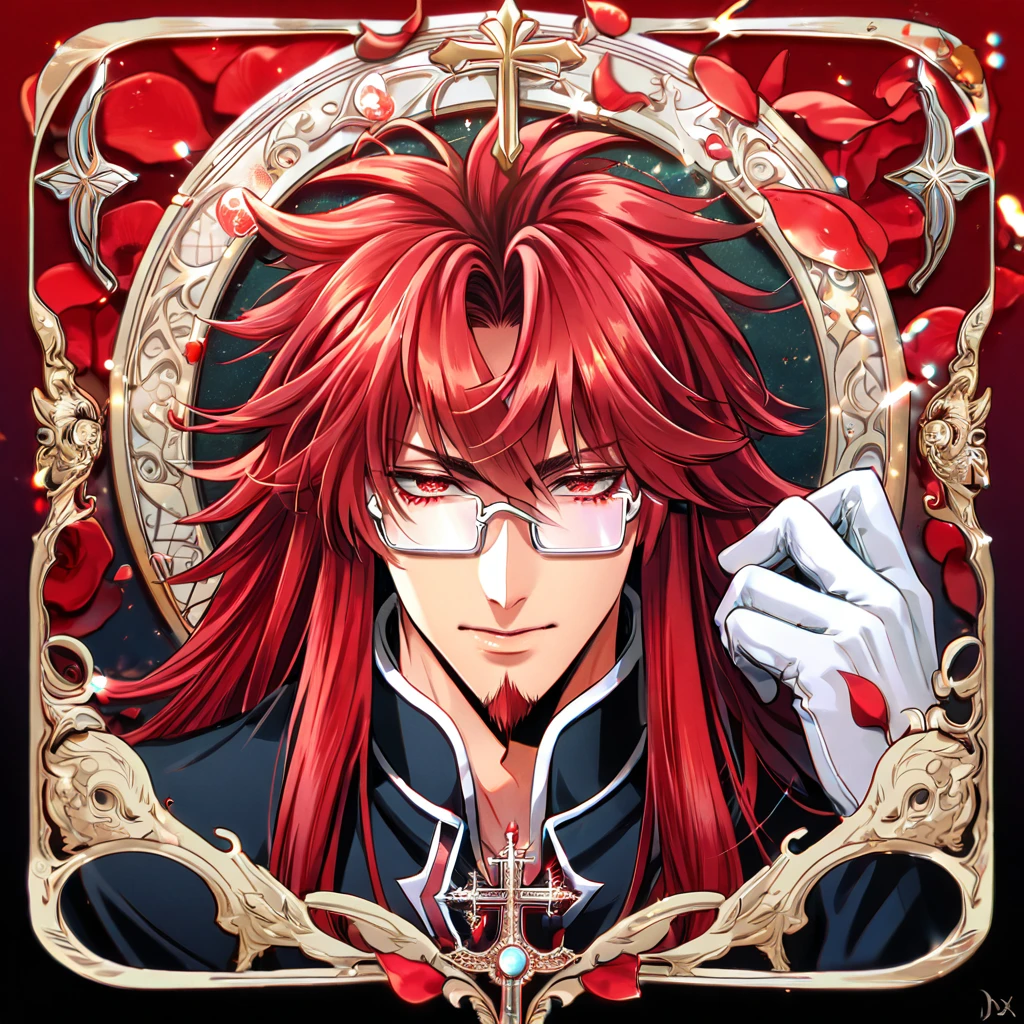 absurdres, highres, ultra detailed, HDR, master piece, best quality, extremely detailed, Marian Cross, red hair, long hair, messy hair, expressive red eyes, D.Gray-man, rectangle glasses, red goatee, solo, sexy man, handsome, sensual, black clothes, white gloves, magical, fantasy, red background, red roses, shining, red petals, red glittering fireflies