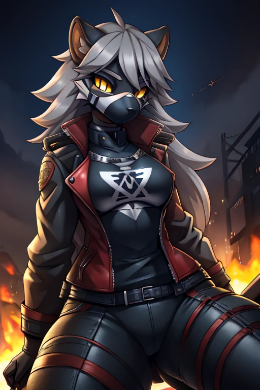 anthro furry tiger, ((Anarchist)) (rides a motorcycle), absurdity, a high resolution, ultra detailed, 1 girl,oversized jacket with ,whole body, original character,girl,gray hair,yellow eyes,shoulder-length hair, complex black mask, {Best quality}}, {{masterpiece}}, {{ultra detailed}}, {illustration}, {detailed light}, Nuclear fusion