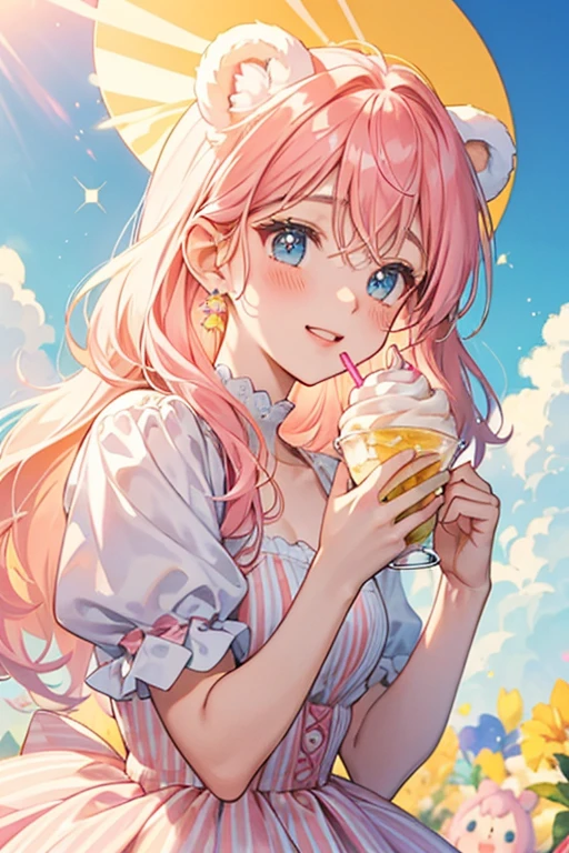 Nilla Whip is a pale yellow cup or bowl girl bear with light pink blushed cheeks and her tongue sticking out with one eye squinting. She has a huge pile of cream on the top with a tan striped straw and a fuchsia bow. SPARKLE; GLITTER