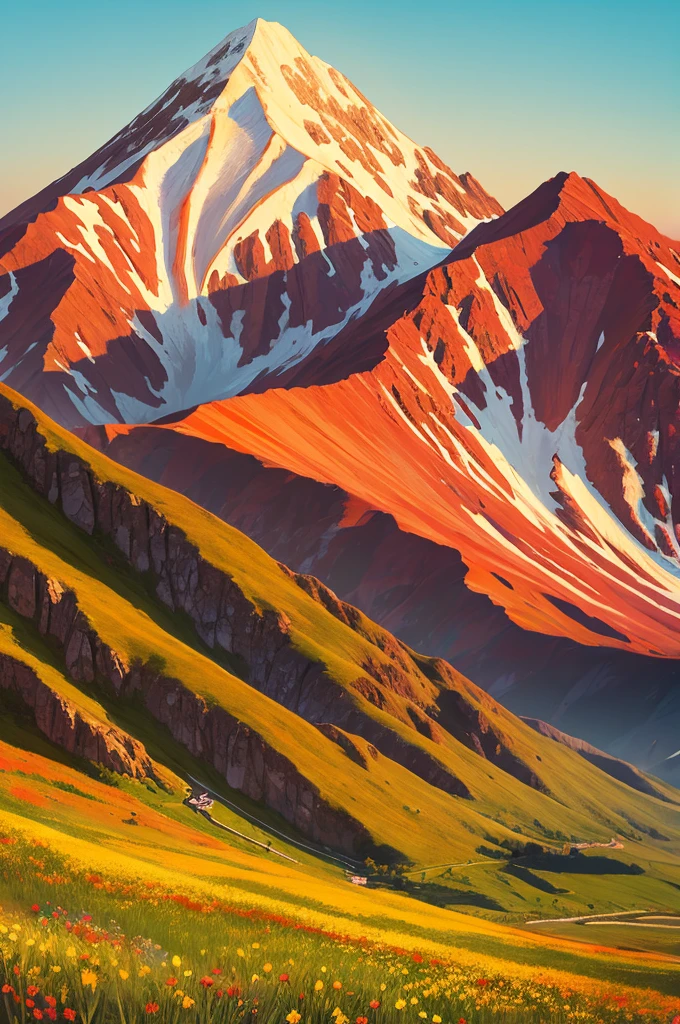 Stylish mountain painting Korean style illustration Red sun Yellow flowers