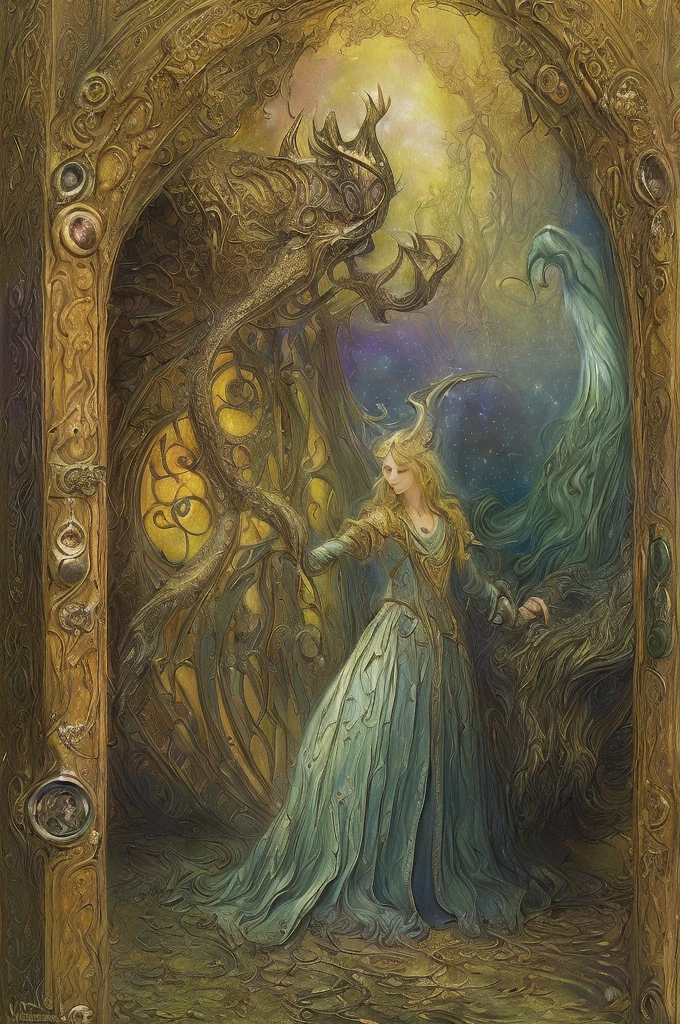 (Masterpiece, Best Quality, High Resolution: 1.5), (Mythical, Fantastical, Surrealist Theme: 1.3), elegant chimaera, solo, digital painting, guardian of wonders, keykeeper, enchanted door, portal, whimsical, intricate, fine art, magical realm, mystic aura, ethereal grace, unique style, highly textured surface, intricate details, vibrant hues, ((by J.R.R. Tolkien, by Salvador Dali, by Brian Froud inspired)), absurdities, dynamic pose, vigilant posture, ornate door, fantastical Art, mythical realm, prote