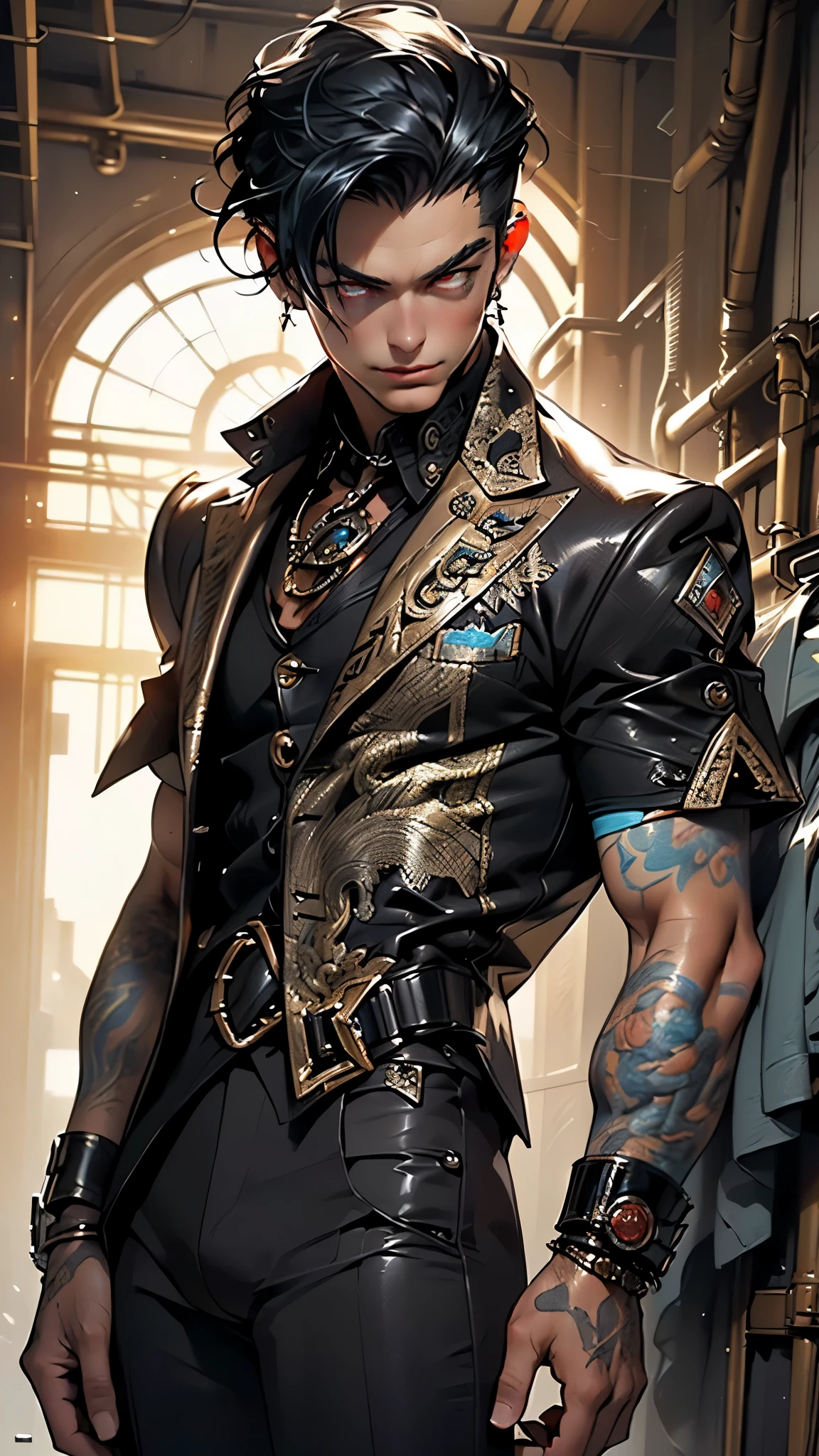 (man:1.5),1 man,steampunk adventure man,(((1man))),

(((1male,man:1.5,handsome man,male,male gender:1.5,male focus))),macho man,

((large black hair,disheveled hair,black hair,slicked hair)),(((lustrous skin:1.5,tanned skin,bright skin: 1.5,skin tanned,shiny skin,very shiny skin,shiny body,illuminated skin))),(((red_eyes:1.2))),intricate eyes,beautiful detailed eyes,symmetrical eyes,man chest,handsome face,((muscular,muscular man)),(((detailed face))),

alluring look,nsfw,

steampunk suit pants,((bulge in pants)),((steampunk suit outfit, red steampunk suit,short sleeve steampunk suit)),(wearing a steampunk suit outfit:1.3,steampunk suit clothes),((intricate outfit,intricate clothes)),

(dynamic pose:1.0),solo focus,((evil smile,evil look)),(centered,scale to fit dimensions,Rule of thirds),

inside,indoor,((cozy steampunk room)),scenery:1.25,((intricate scenery)),((steampunk decorations)),

(Glossy steampunk ornaments),highres,sharp focus,(ultra detailed,extremely detailed),(photorealistic artwork:1.37),(extremely detailed CG unity 8k wallpaper),(((vibrant colors,vibrant theme))),(intricate),(masterpiece),(best quality),artistic photography,(photography taken by sldr),(intricate background),perfect rendered face,perfect face details,realistic face,photo realistic,((intricate detail)),(((realism))),