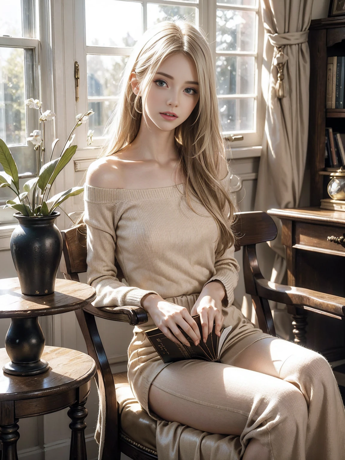 Beautiful platinum blonde woman, long shimmering hair, reading a book, classic vintage cafe, delicate face, deep blue eyes, soft pink lips, soft natural light, large window, highlighting pale smooth skin, soft light rays, elegant cream sweater, long skirt, classic armchair, crossed legs, hardcover book, cozy warm atmosphere, exposed brick walls, antique brass chandelier, aged wooden tables, large windows, soft shadows, natural light rays, golden warm lighting, vintage table lamps, light and dark contrast, photorealistic details, classic wooden bookshelves, old books, vintage art on walls, small potted plants, peaceful tranquil ambiance, soft jazz music, aroma of coffee, timeless nostalgic environment, soft background noise, subtle reflections, ambient occlusion, high contrast, depth of field, soft bokeh background, immersive photorealistic scene.