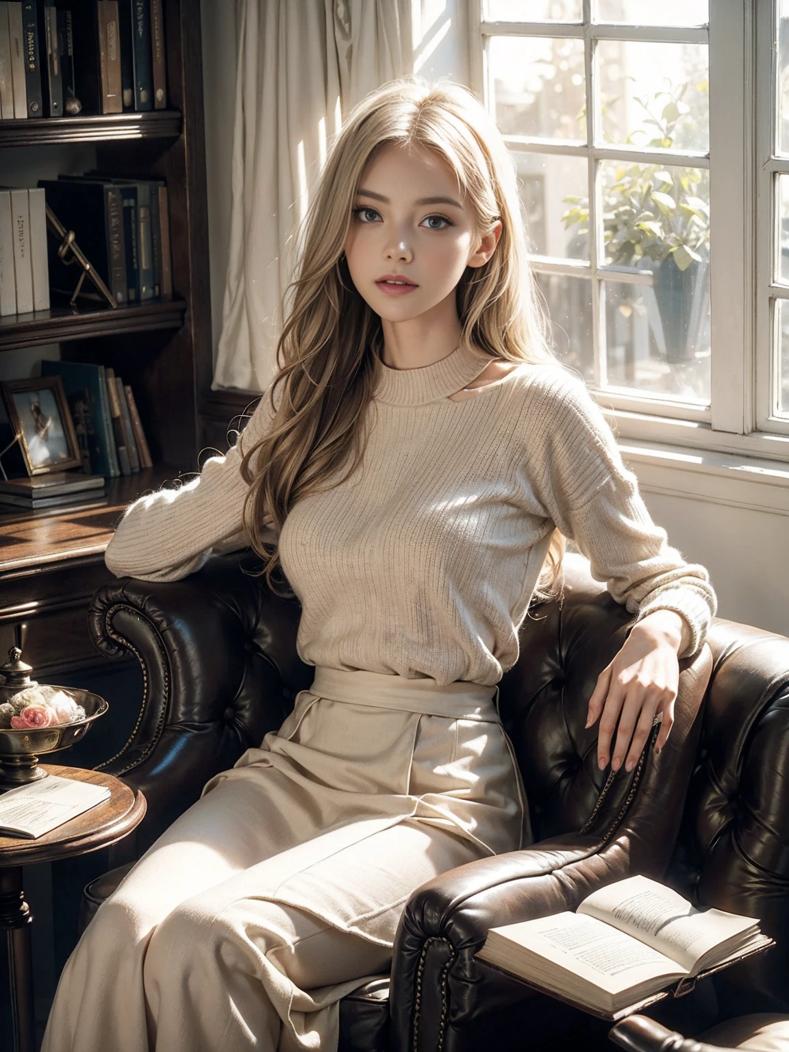 Beautiful platinum blonde woman, long shimmering hair, reading a book, classic vintage cafe, delicate face, deep blue eyes, soft pink lips, soft natural light, large window, highlighting pale smooth skin, soft light rays, elegant cream sweater, long skirt, classic armchair, crossed legs, hardcover book, cozy warm atmosphere, exposed brick walls, antique brass chandelier, aged wooden tables, large windows, soft shadows, natural light rays, golden warm lighting, vintage table lamps, light and dark contrast, photorealistic details, classic wooden bookshelves, old books, vintage art on walls, small potted plants, peaceful tranquil ambiance, soft jazz music, aroma of coffee, timeless nostalgic environment, soft background noise, subtle reflections, ambient occlusion, high contrast, depth of field, soft bokeh background, immersive photorealistic scene.