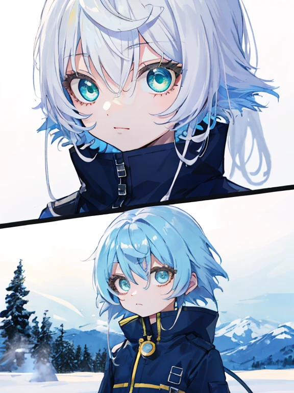 Best Quality、masutepiece、Ultra-detailed、face perfect、Extremely detailed、Extremely delicate、1 boy, (cute little), Angel, lightblue hair、half up、place々Blue Mesh、blue and yellow gradient eyes、Noble attire、Black coat、gray collared shirt、Black pants、snow mountains、snow blowing